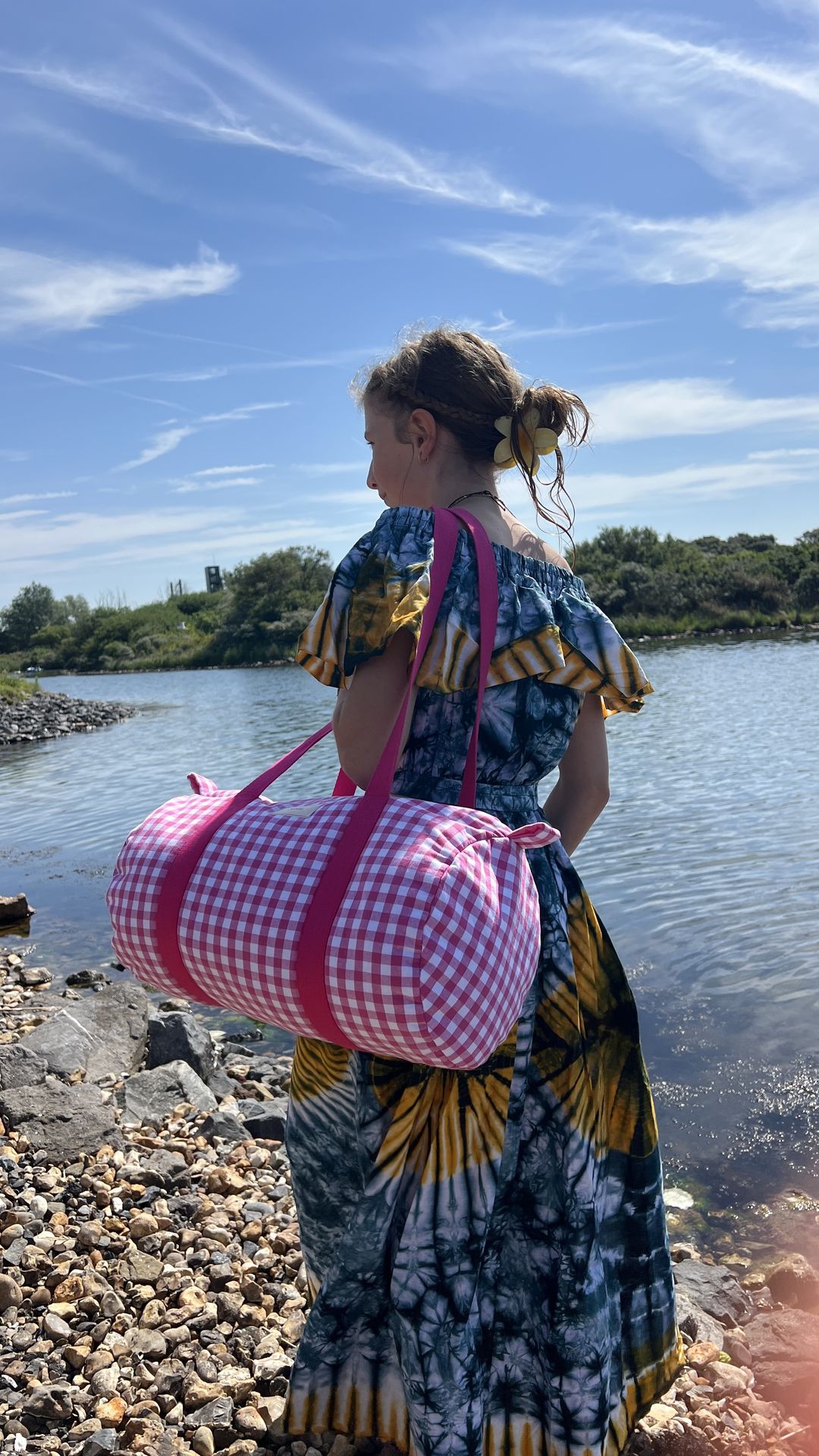 Petit sac polochon mini vichy rose fuchsia sur coton uni fuchsia