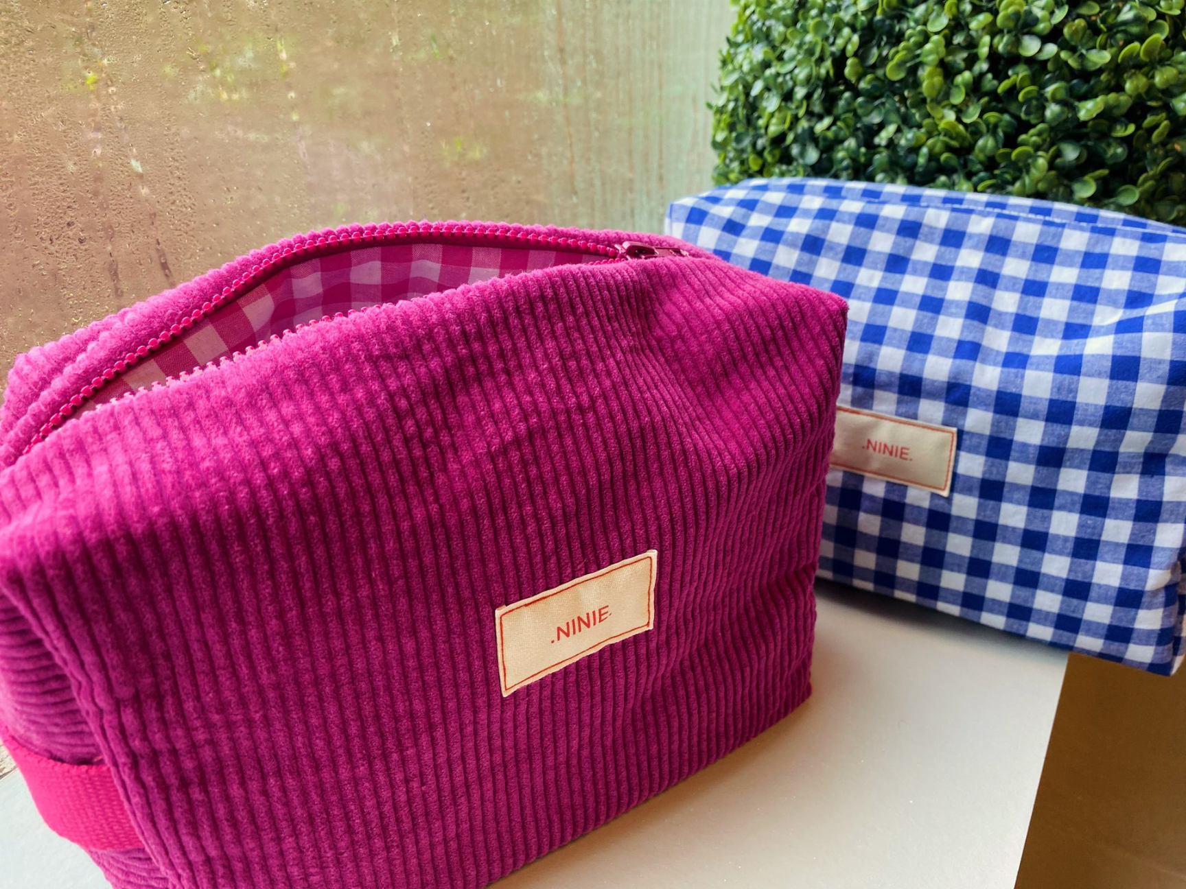 grande trousse de toilette vichy et uni et velours et vichy